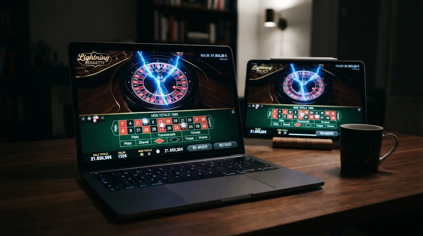 Écran partagé montrant l'interface de Lightning Roulette sur plusieurs casinos en ligne, avec le tableau des mises et les numéros foudroyés en surbrillance