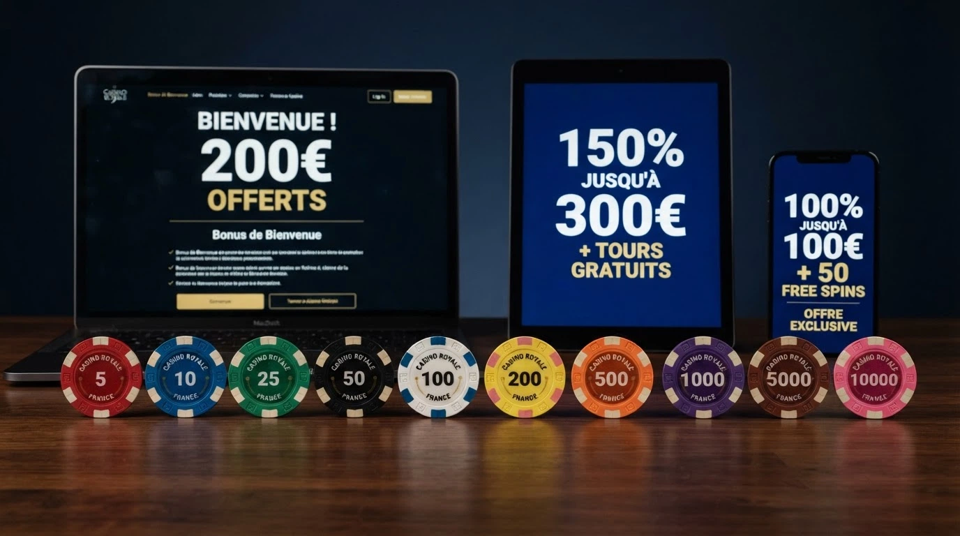 Dix jetons de casino alignés devant une rangée d'interfaces de casinos crypto affichant leurs bonus de bienvenue respectifs