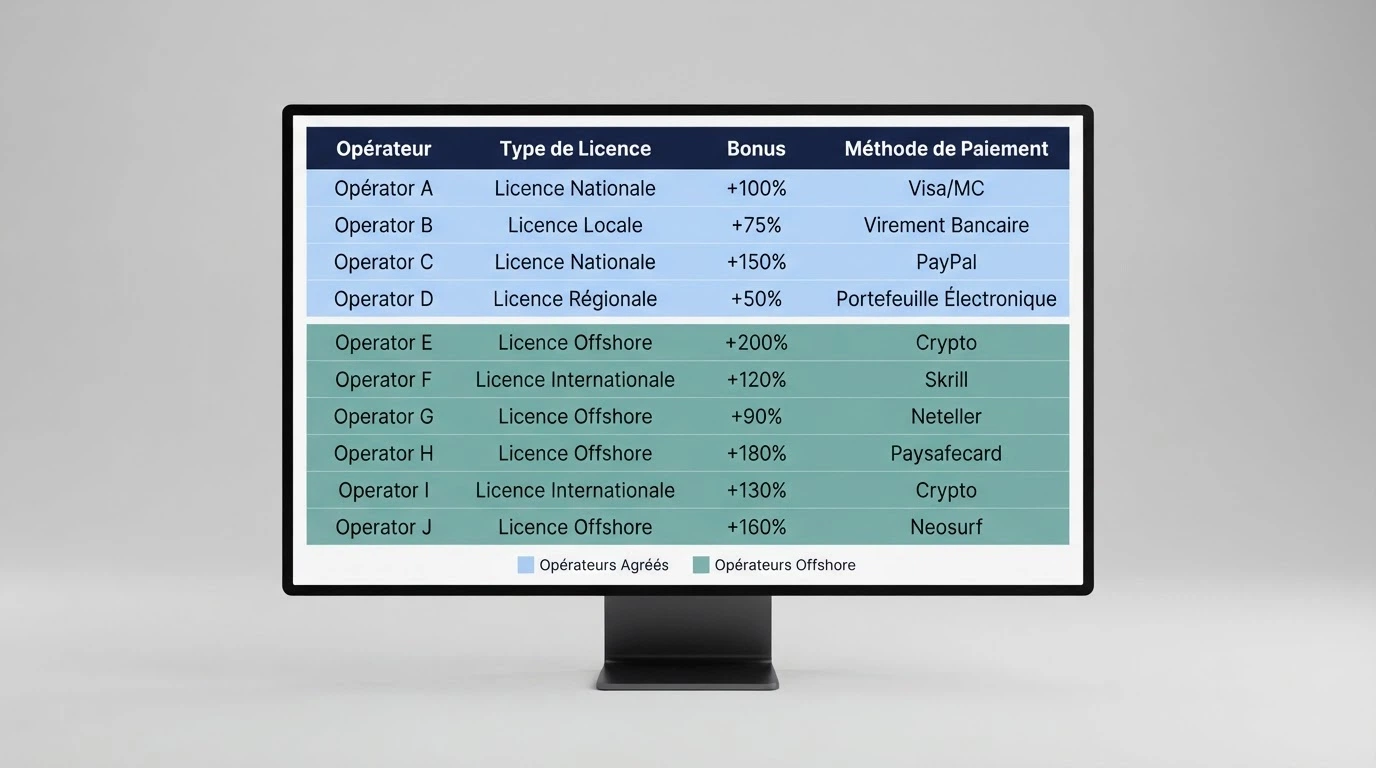 Capture d'écran d'un comparatif d'opérateurs avec colonnes de bonus et statut de licence