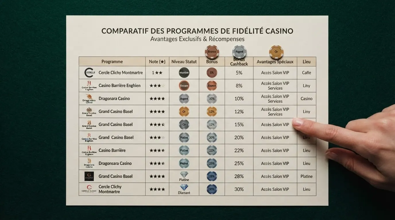 Une grille de classement de casinos avec des étoiles et des badges de programme de fidélité mis en avant