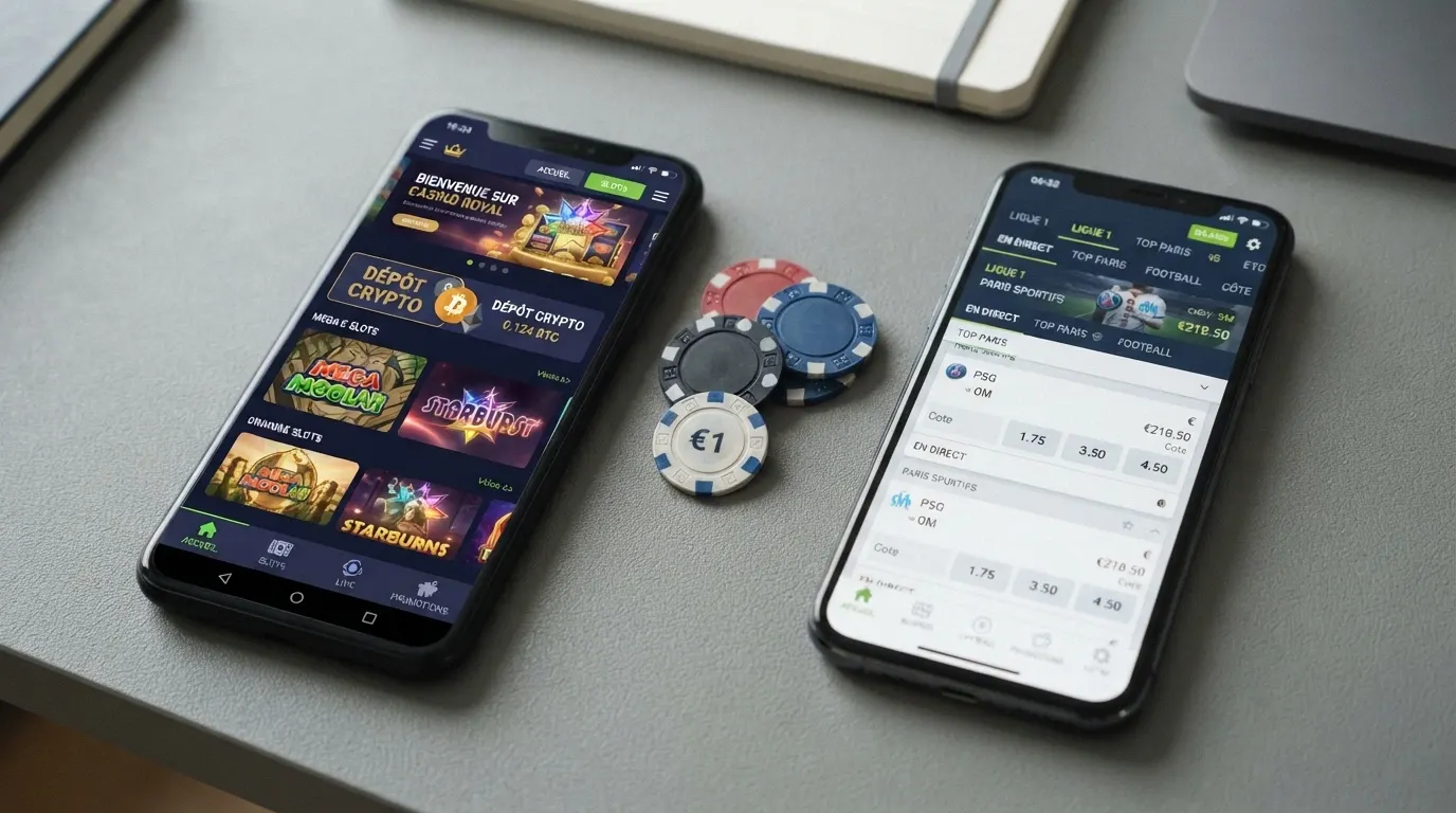 Écran partagé montrant d'un côté l'interface d'un casino crypto et de l'autre celle d'un opérateur agréé ANJ