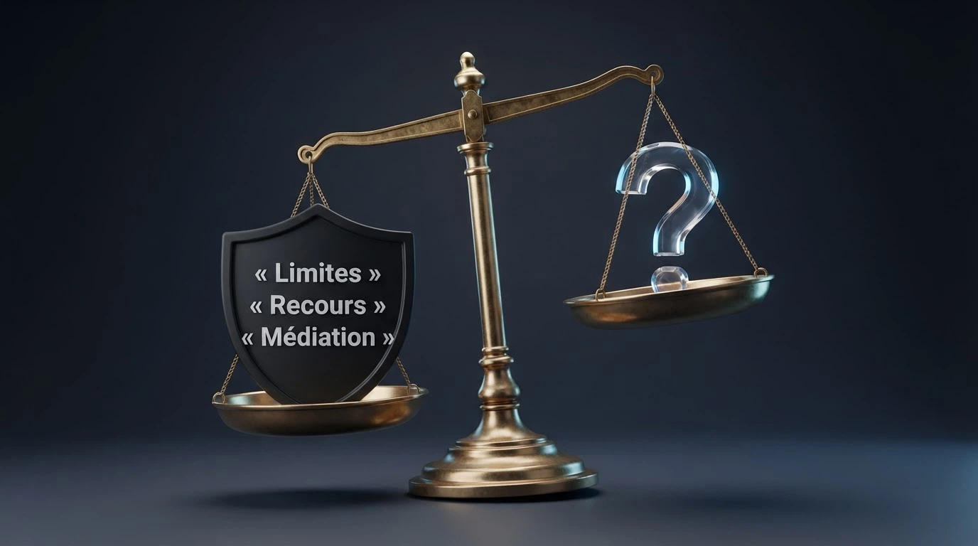 Une balance déséquilibrée : d'un côté le logo ANJ avec les mots clé « IVJ, recours, médiation », de l'autre un point d'interrogation sur fond sombre