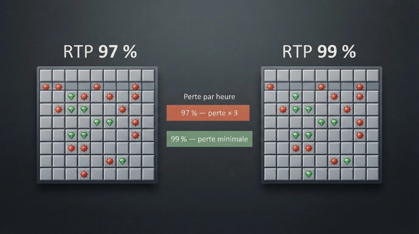 Deux interfaces du jeu de Mines côte à côte, l'une affichant le RTP de 97 % (Spribe) et l'autre celui de 99 % (version maison), avec le même nombre de mines sélectionné
