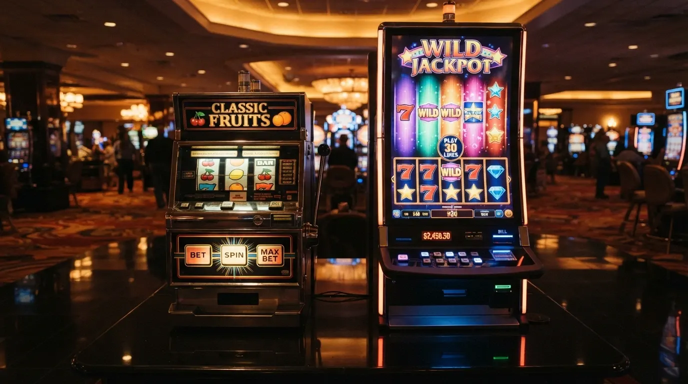 Écran partagé : à gauche une machine à sous classique à 3 rouleaux et symboles fruits, à droite un slot vidéo à 5 rouleaux avec animations