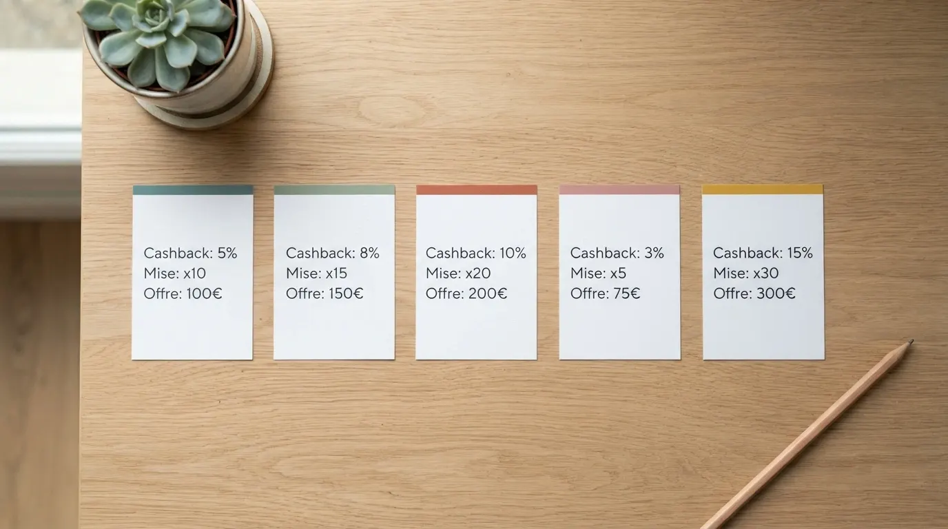 Une vue d'ensemble de fiches opérateurs côte à côte avec pourcentage de cashback, condition de mise et bonus affichés