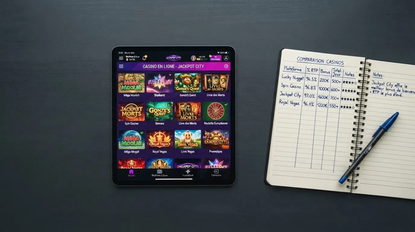Écran partagé montrant les fiches de plusieurs casinos en ligne avec leur pourcentage de bonus, leur wagering et leurs tours gratuits