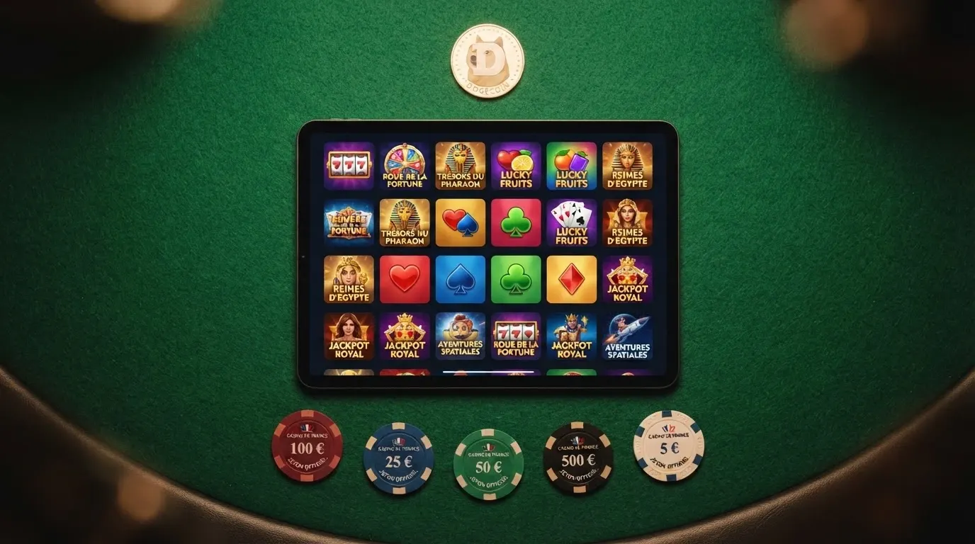 Tableau comparatif de casinos en ligne avec des logos, des bonus affichés et des jetons Dogecoin