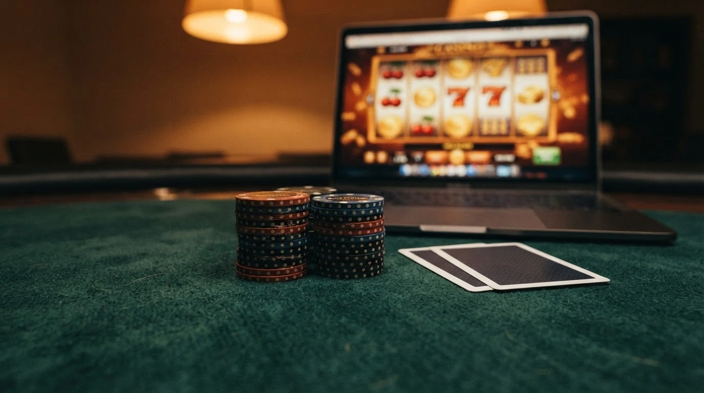 Un écran d'ordinateur affichant un tableau comparatif de casinos en ligne avec leurs bonus, sur un fond évoquant l'univers du jeu (cartes, jetons, interface de machine à sous).