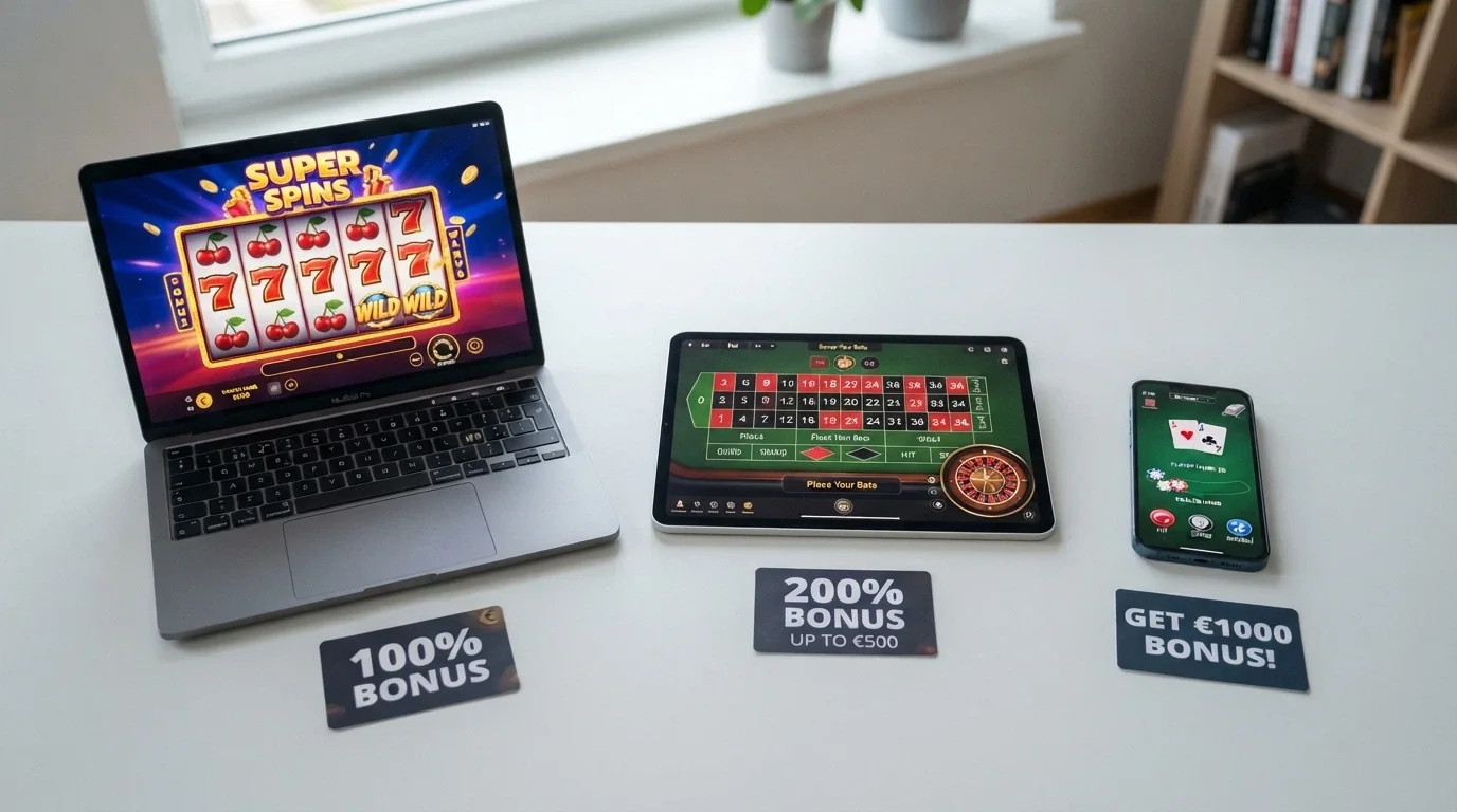 Écrans de trois plateformes de casino en ligne affichant côte à côte leur offre de bienvenue, le nombre de free spins et la présence de Book of Dead dans leur ludothèque