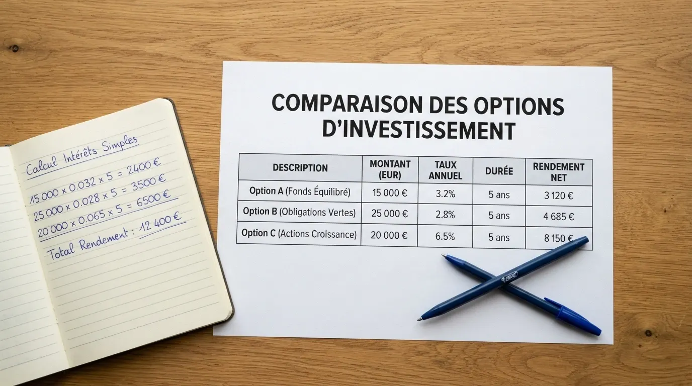 Un tableau comparatif posé sur un bureau, avec des colonnes de chiffres (TAEG, montants, durées) mises en regard par un stylo