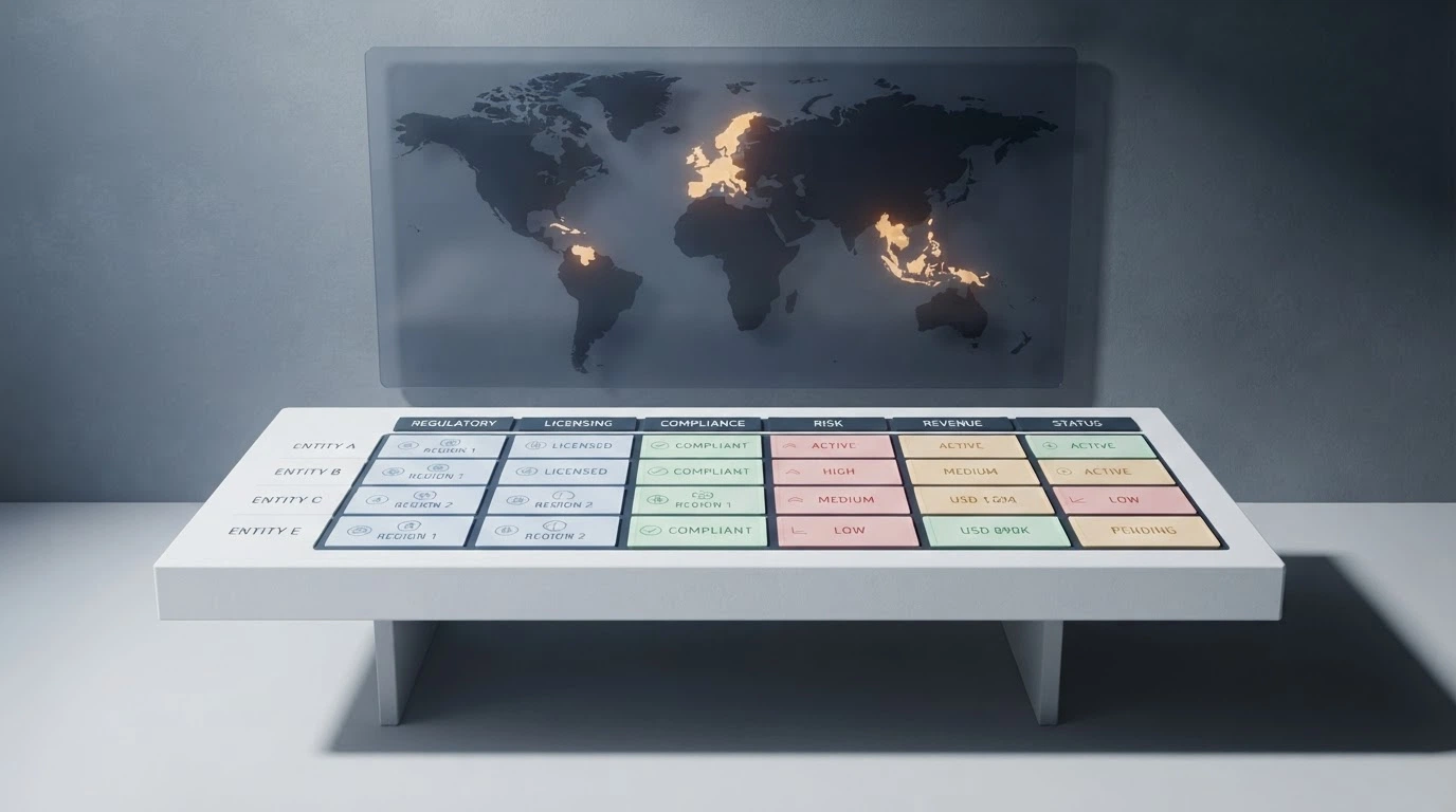 Tableau comparatif de casinos avec colonnes de bonus, licences et jeux, sur fond de carte des juridictions offshore