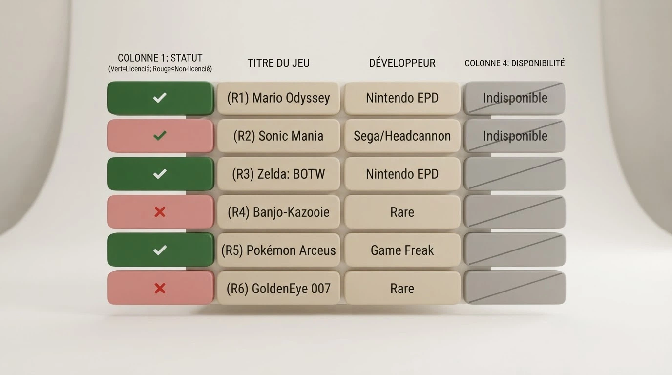 Une grille comparative avec les logos des opérateurs, une colonne licence ANJ en cases vertes et rouges et une colonne jeux de casino en cases barrées ou cochées