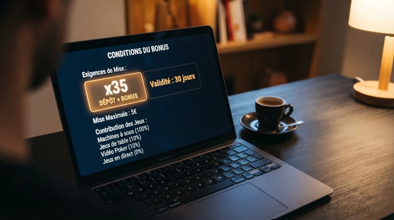 Une fenêtre de conditions de bonus de casino en ligne mettant en évidence le multiplicateur de wagering (35x) et la durée de validité (30 jours)