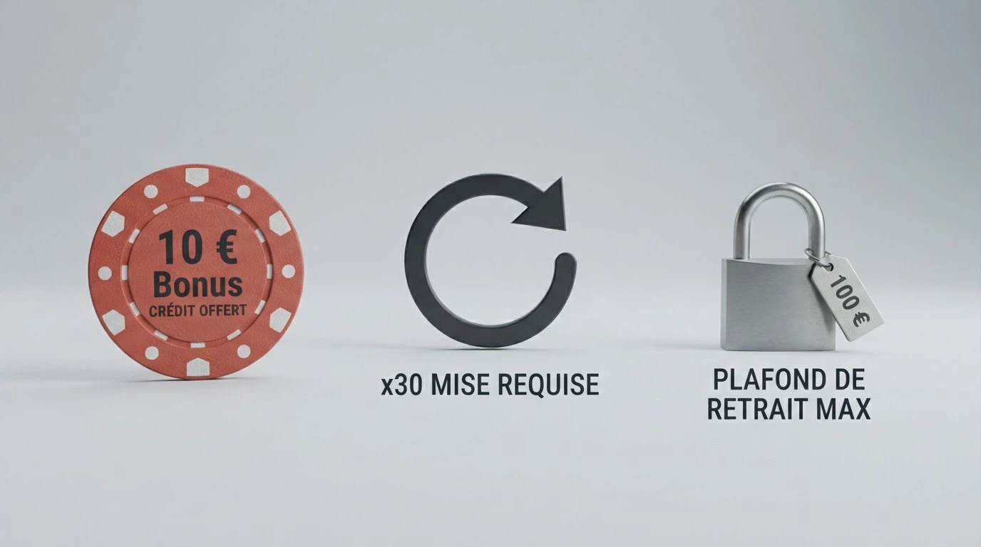 Une infographie en trois colonnes comparant un billet de 10 €, une flèche circulaire symbolisant le wager x30, et un cadenas étiqueté « plafond 100 € »