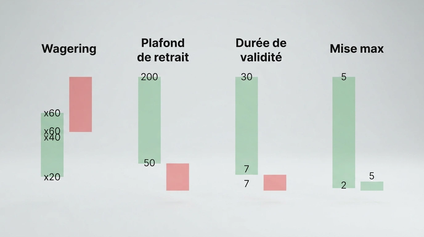 Infographie comparant les quatre conditions d'un bonus sans dépôt : wagering, plafond de retrait, durée de validité et mise maximale par tour