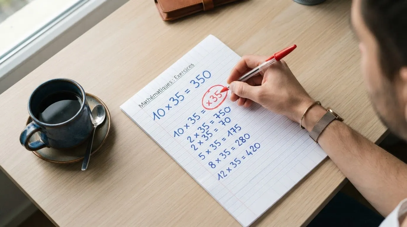 Une calculatrice posée à côté d'un contrat aux lignes serrées, le chiffre « x35 » entouré au marqueur rouge
