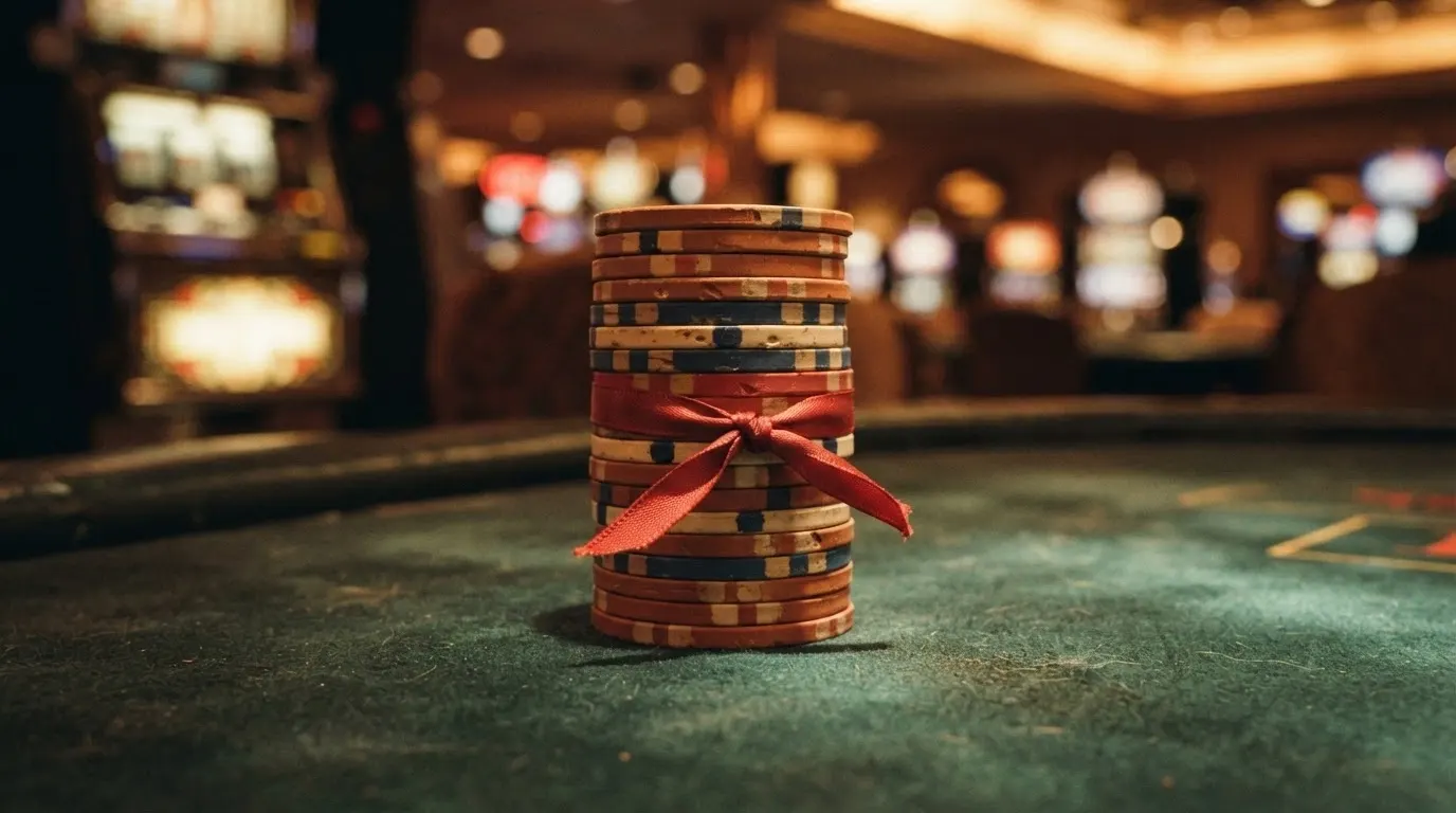 Une pile de jetons de casino dont une partie est entourée d'un ruban rouge ou d'une chaîne symbolisant l'argent bloqué par les conditions de mise, sur fond de machine à sous aux lumières tamisées.