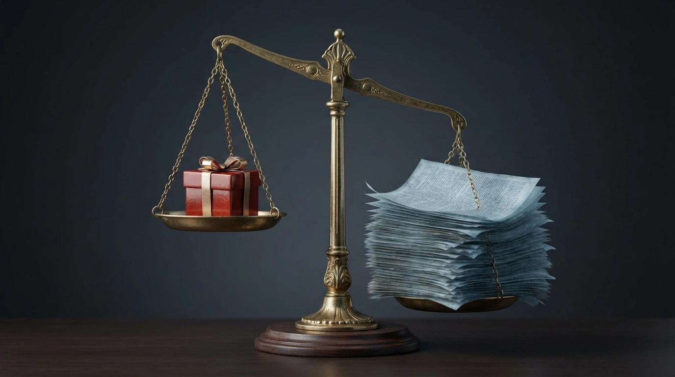 Une balance déséquilibrée avec d'un côté un cadeau bonus et de l'autre une pile de conditions de mise