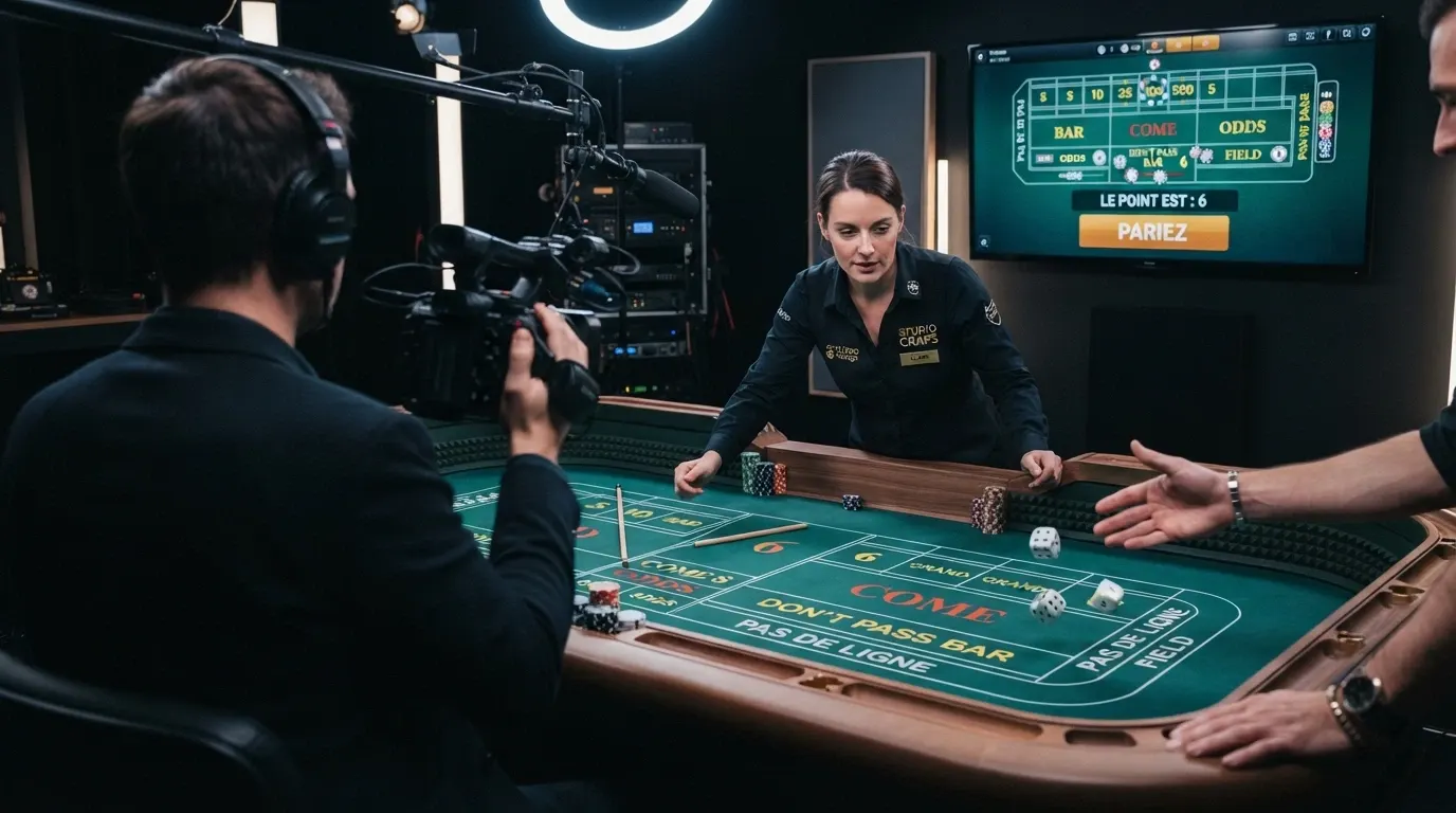 Croupier en studio lançant les dés sur une table de craps live avec interface de jeu à l'écran