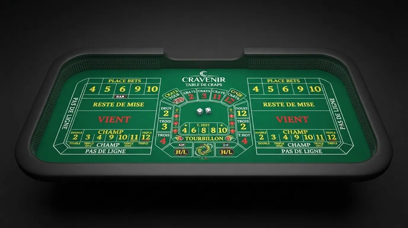 Plateau de craps annoté avec les principales zones de mise : Pass Line, Don't Pass, Field, Come