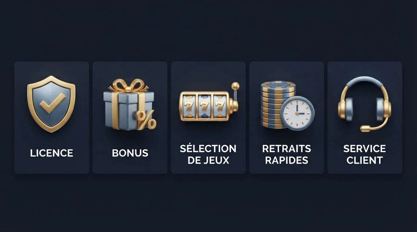 Une grille d'évaluation visuelle avec des icônes représentant les cinq critères : licence, bonus, catalogue, retraits, service client.