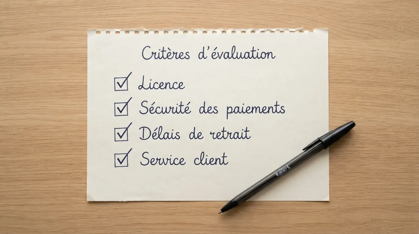 Une grille d'évaluation manuscrite posée sur un bureau, avec quatre critères cochés : licence, sécurité des paiements, délais de retrait, service client