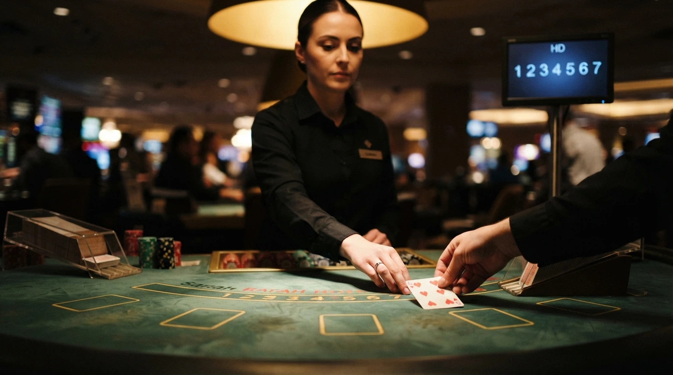 Un croupier professionnel en tenue de casino pose une carte sur le tapis vert, le sabot à 6 jeux visible en arrière-plan, écran de jeu avec les places numérotées en surimpression