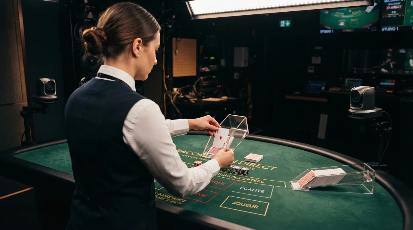Un croupier en direct devant une table de Hi-Lo dans un studio de casino, tirant une carte d'un sabot sous l'éclairage du plateau