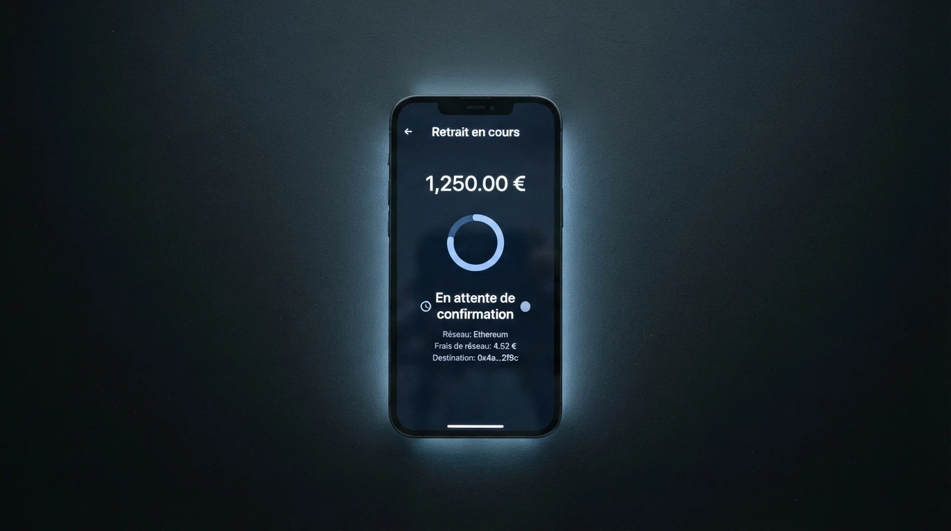 Une interface de portefeuille crypto affichant une transaction de retrait en cours avec le statut « en attente de confirmation »