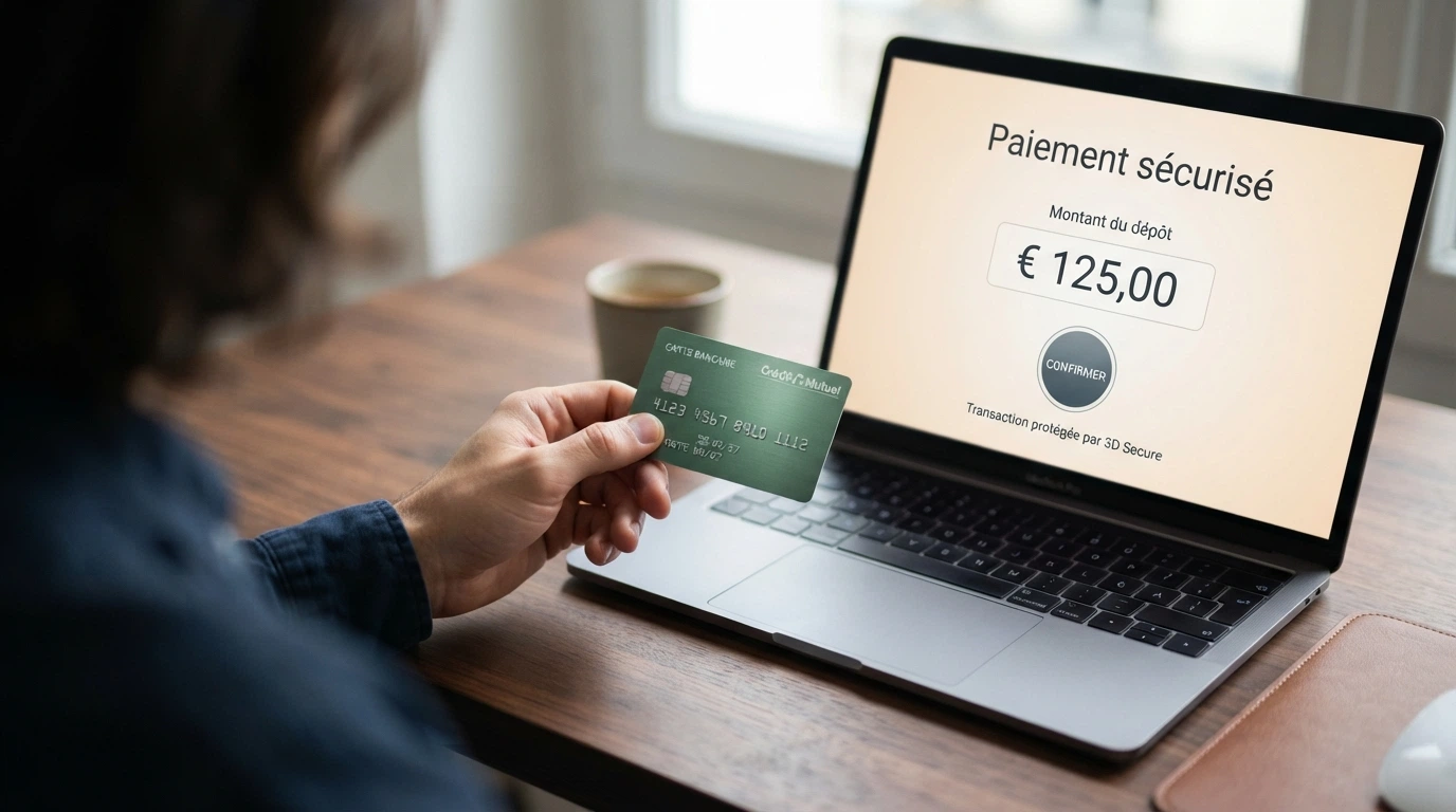 Une carte American Express tenue devant un écran affichant l'interface de dépôt d'un casino en ligne