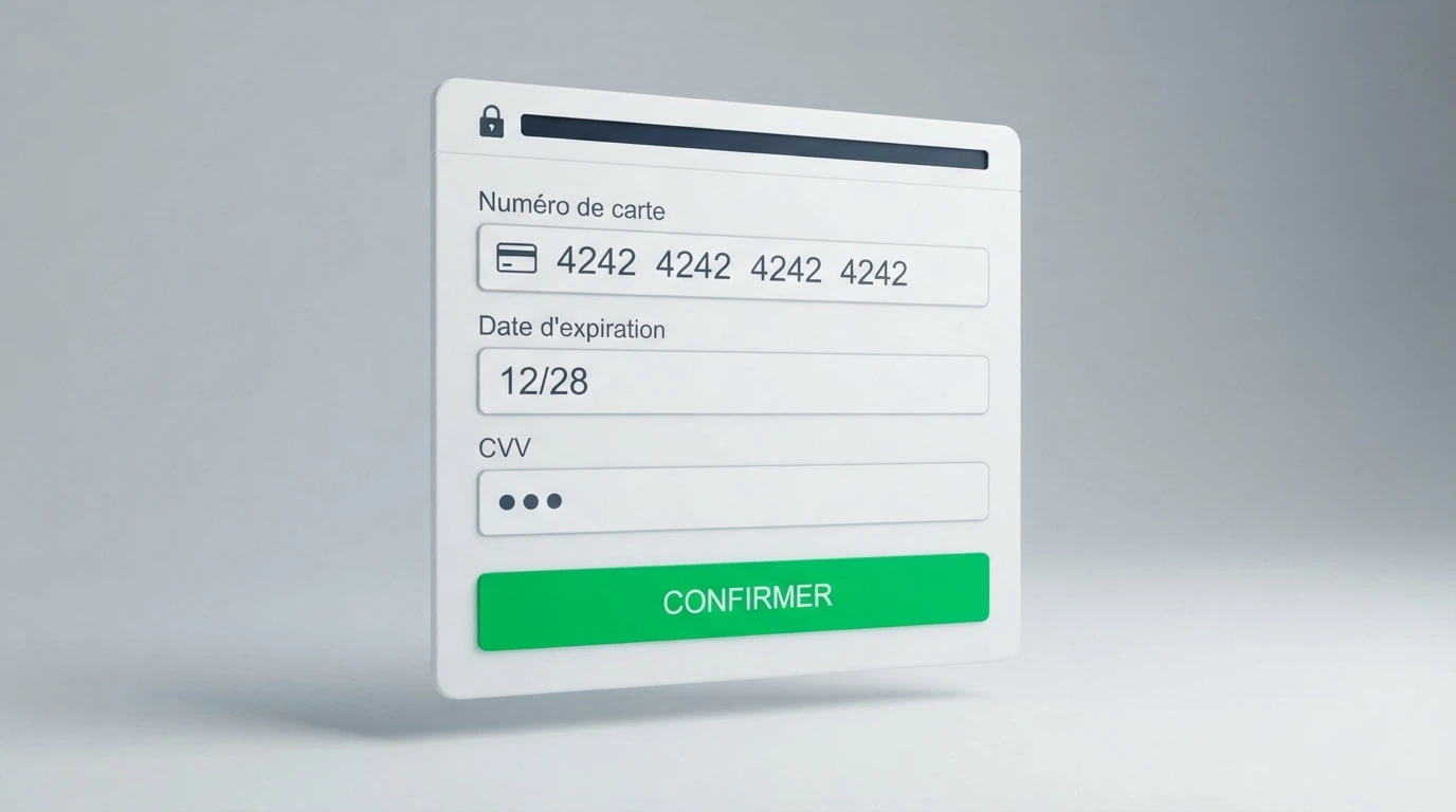Interface de paiement en ligne avec les champs remplis pour un dépôt par carte Visa, bouton de confirmation visible