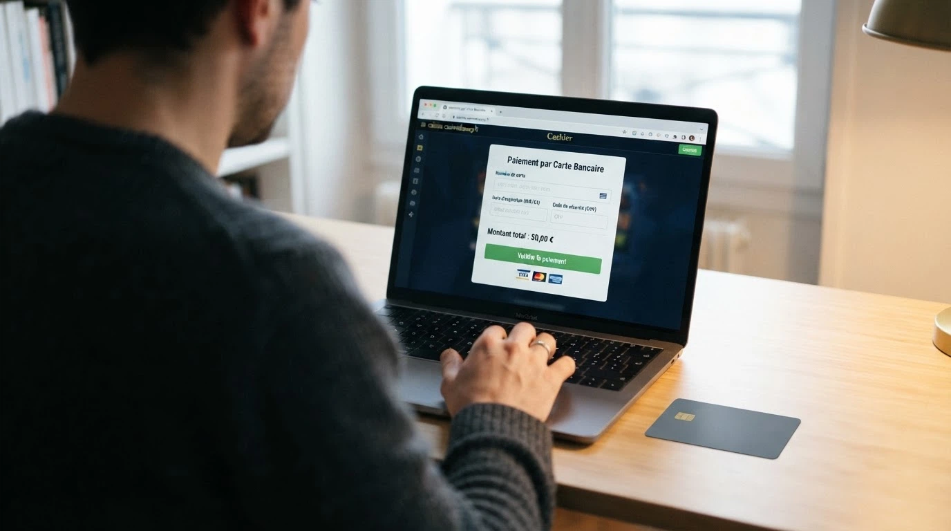 Un joueur sélectionne l'option carte bancaire sur la caisse d'un casino en ligne et saisit les informations de sa carte Lydia/Sumeria