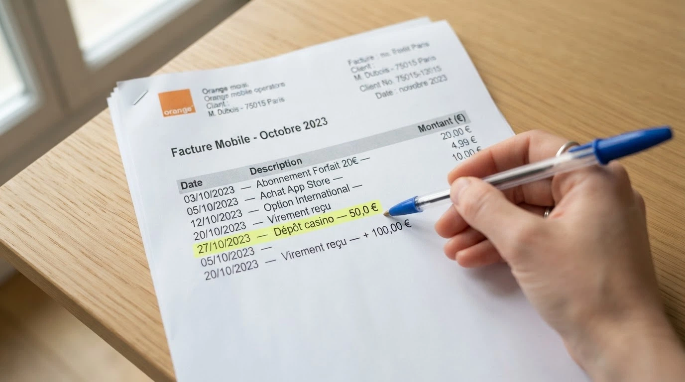 Une facture de téléphone mobile française posée sur une table, un stylo soulignant la ligne d'un débit de dépôt de casino, avec les logos des quatre opérateurs français (Orange, SFR, Bouygues, Free) visibles en filigrane