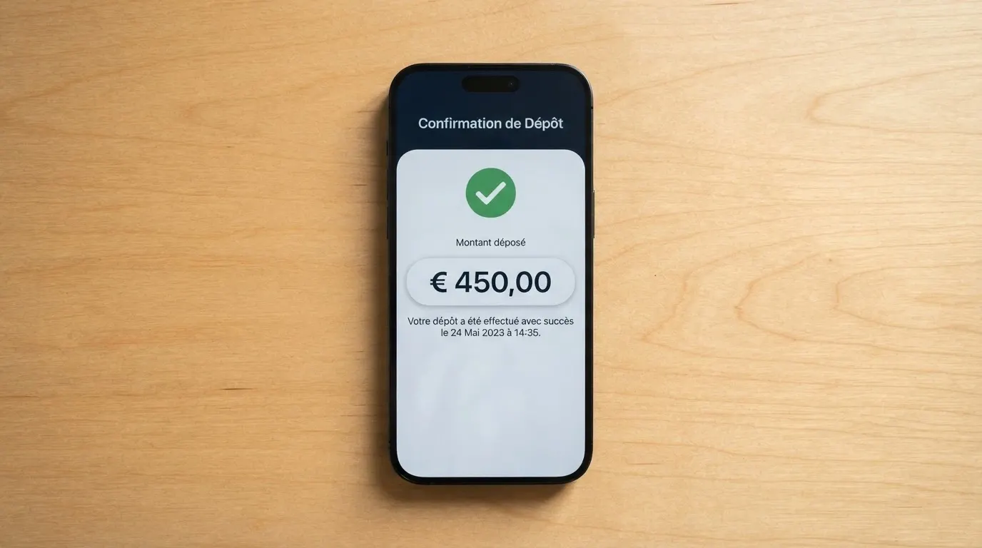 Écran de dépôt par Klarna sur un casino en ligne, montant saisi et confirmation bancaire affichée