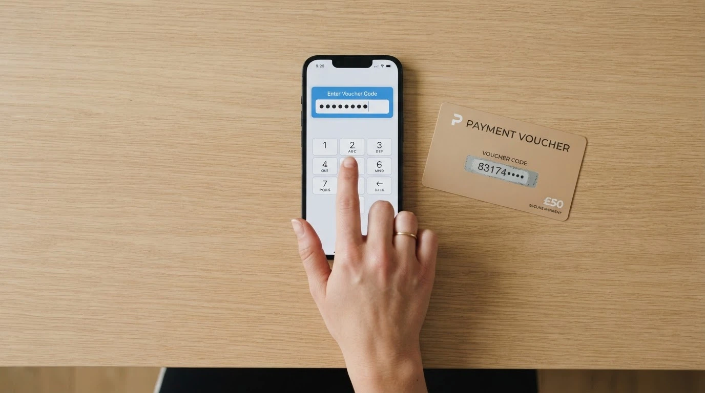 Une main saisissant un code PIN sur l'interface de caisse d'un casino en ligne, un coupon Paysafecard partiellement gratté posé sur la table