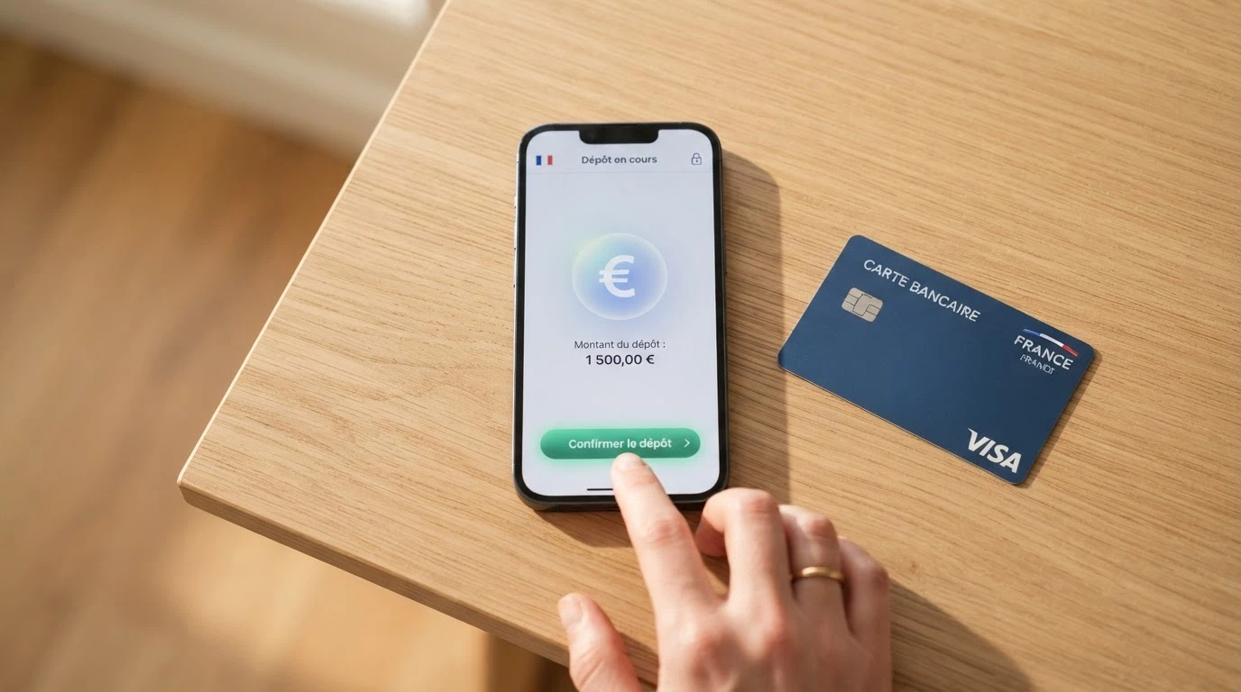 Écran de dépôt sur un casino en ligne affichant les options de paiement par carte bancaire, avec un téléphone posé à côté montrant l'application Revolut ouverte