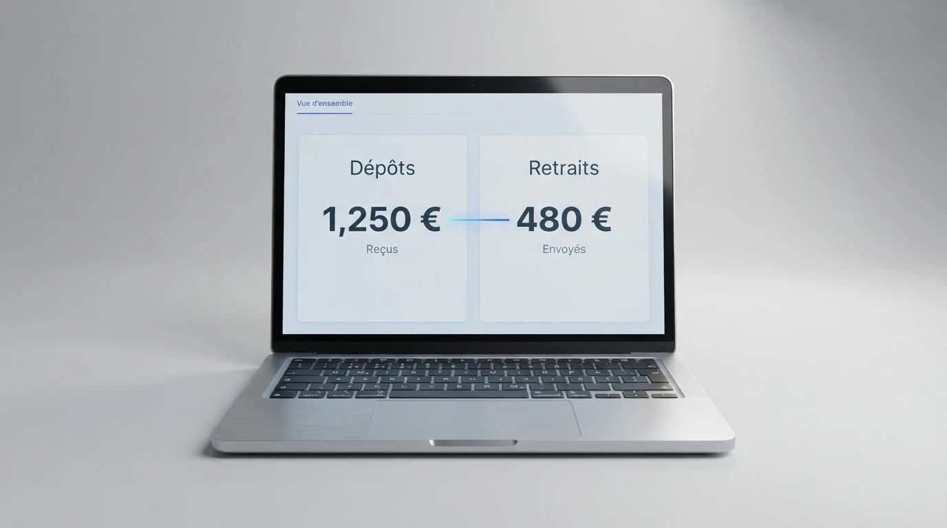 Interface de paiement Trustly sur l'écran d'un ordinateur portable affichant les options de dépôt et de retrait d'un casino en ligne