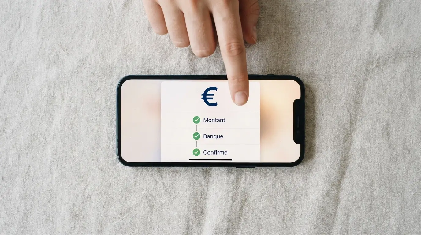 Un téléphone affichant les étapes du dépôt par Sofort : sélection du montant, redirection bancaire, confirmation 2FA