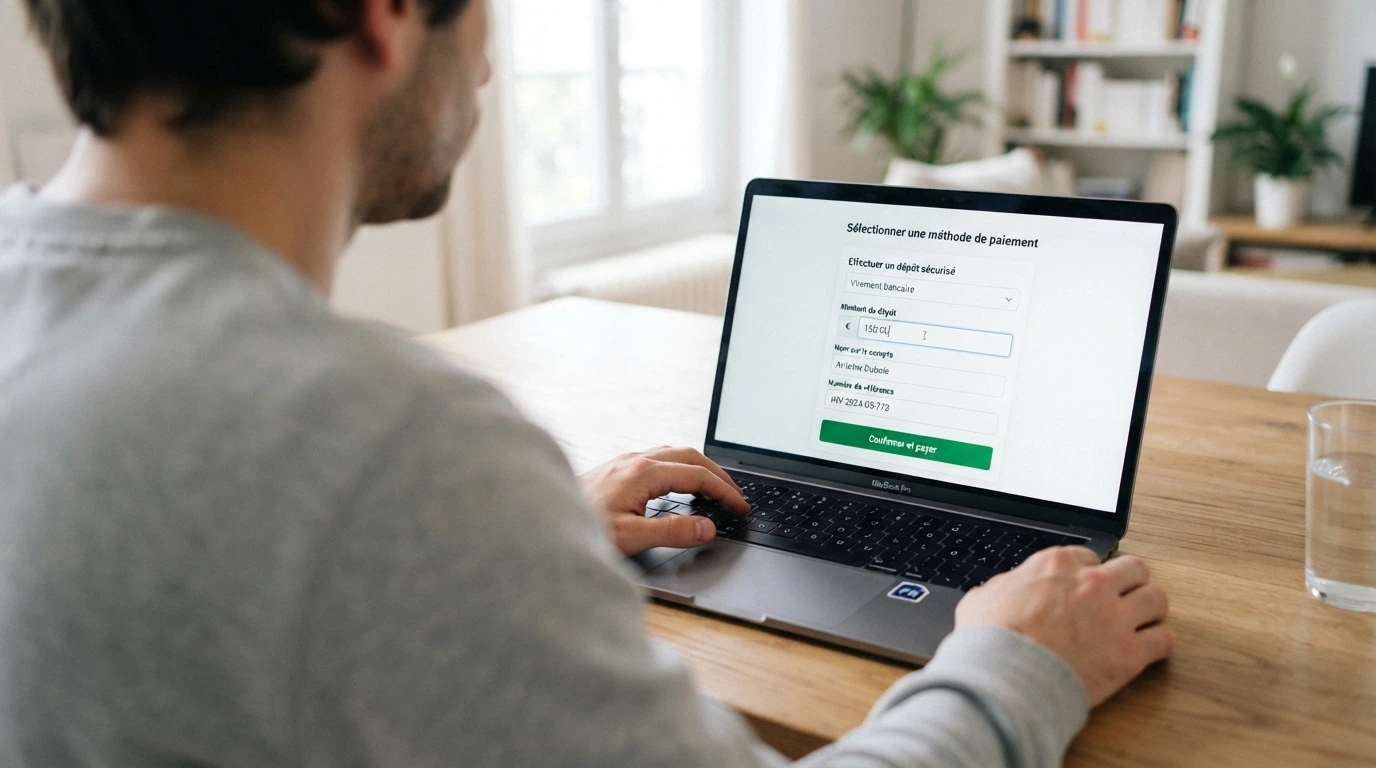 Interface d'un site de jeu affichant un formulaire de dépôt avec l'option virement bancaire sélectionnée
