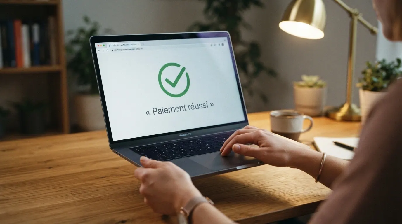 Une main saisit un numéro de carte bancaire sur l'écran d'un ordinateur portable, une notification de confirmation de paiement apparaît en surimpression