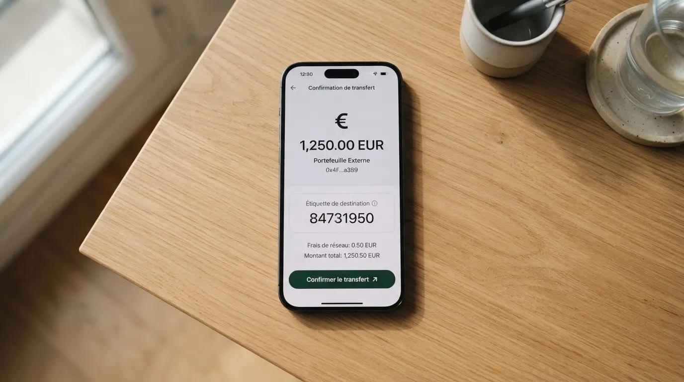 Capture d'écran d'un portefeuille crypto affichant un transfert de XRP avec le champ « destination tag » visible
