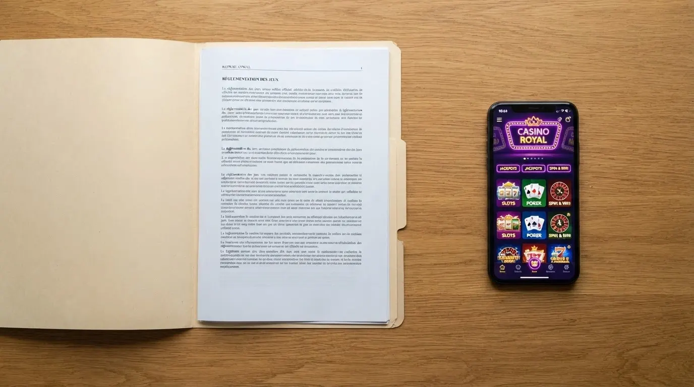 Un document administratif au logo de l'ANJ posé sur un bureau, à côté d'un écran de smartphone affichant un casino au design agressif, séparés par un contraste net entre le cadre réglementé et l'offre non régulée