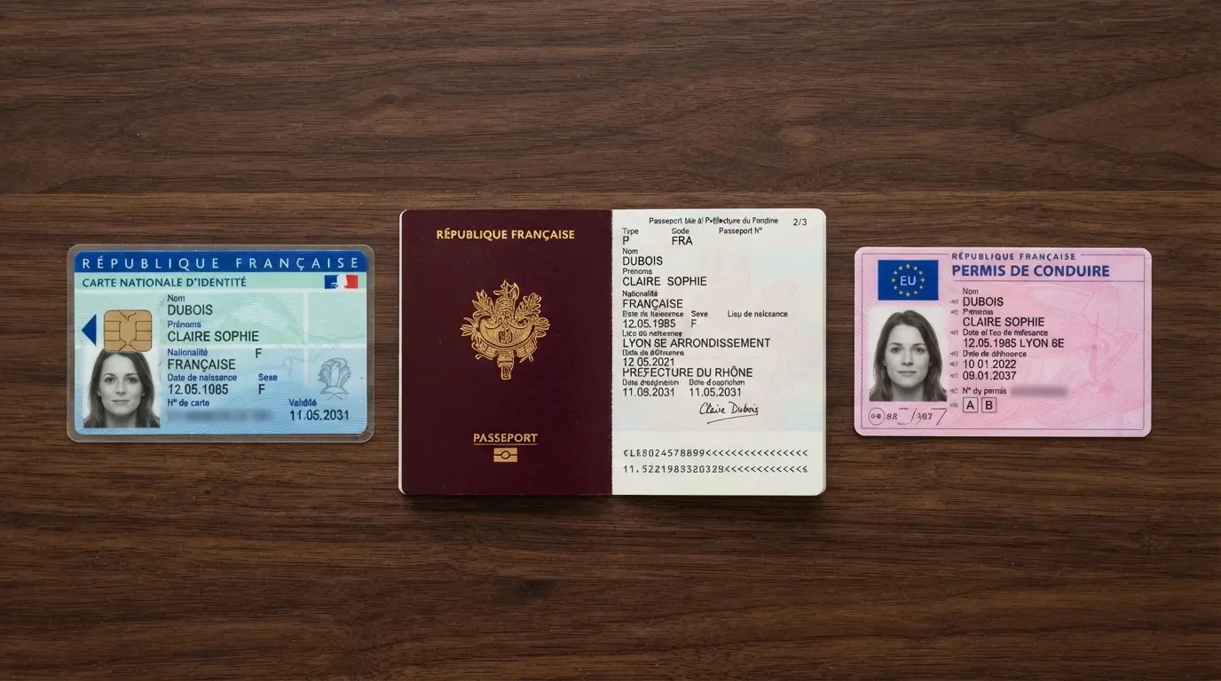 Trois documents d'identité posés côte à côte sur une table : une carte nationale d'identité française, un passeport et un permis de conduire