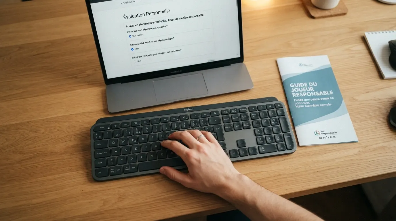 Une main posée sur un clavier, en arrière-plan une affiche de prévention du jeu excessif et le logo d'Evalujeu sur un second écran
