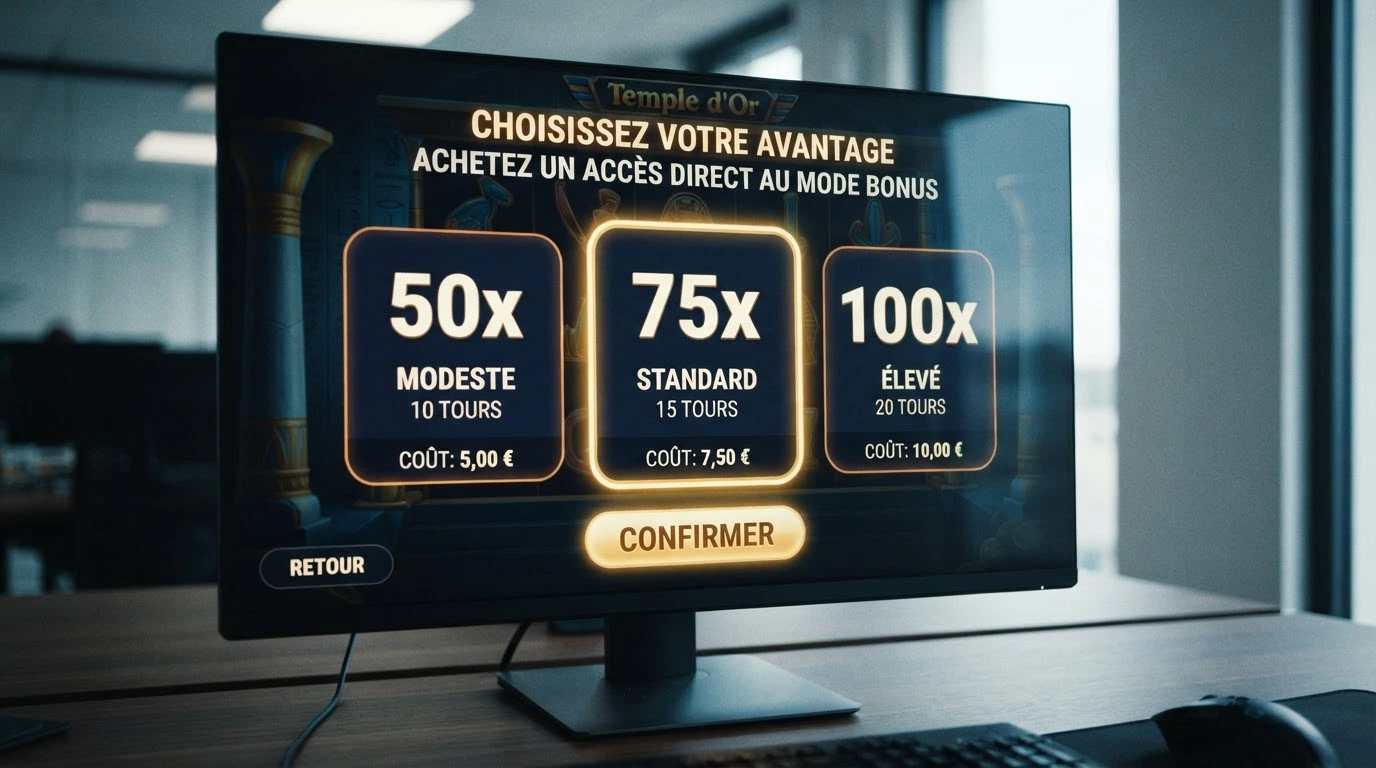 Écran de sélection de l'achat bonus sur une machine à sous, affichant le prix en multiple de la mise et les options de tours gratuits