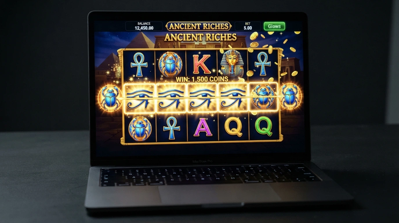 Capture d'écran du jeu Eye of Horus de Merkur Gaming avec ses symboles égyptiens, ses 5 rouleaux et ses lignes de paiement illuminées