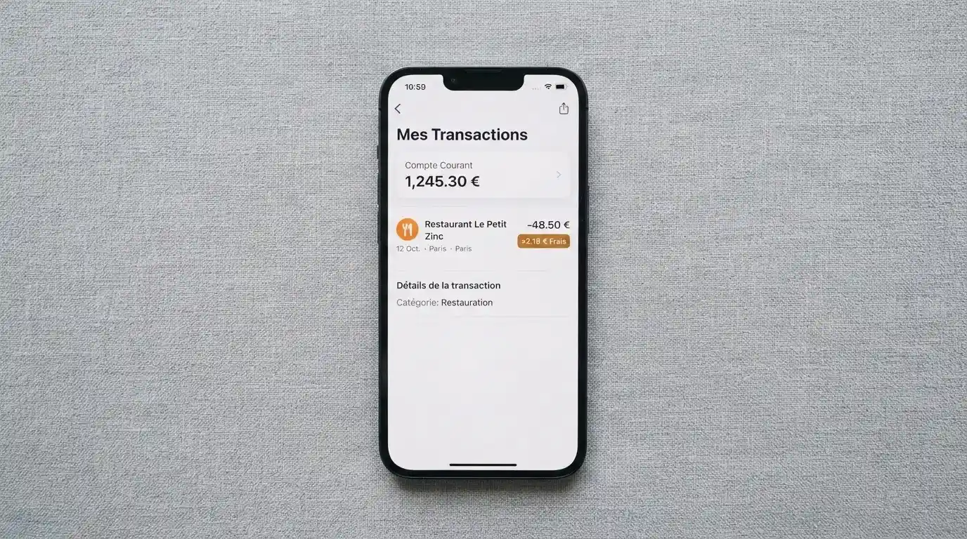 Interface de l'application N26 affichant le détail d'une transaction avec la mention de frais additionnels