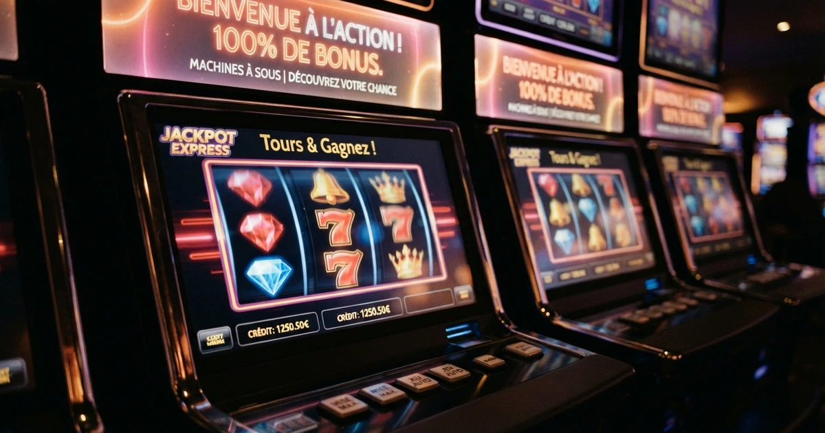 Rouleaux de machines à sous colorées avec un bandeau « tours gratuits »