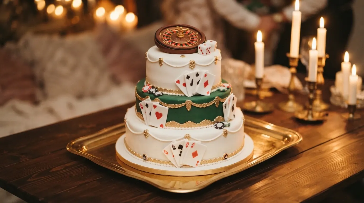 Un gâteau d'anniversaire à étages décoré sur le thème du casino avec des dés et des cartes en pâte à sucre, posé sur un présentoir doré