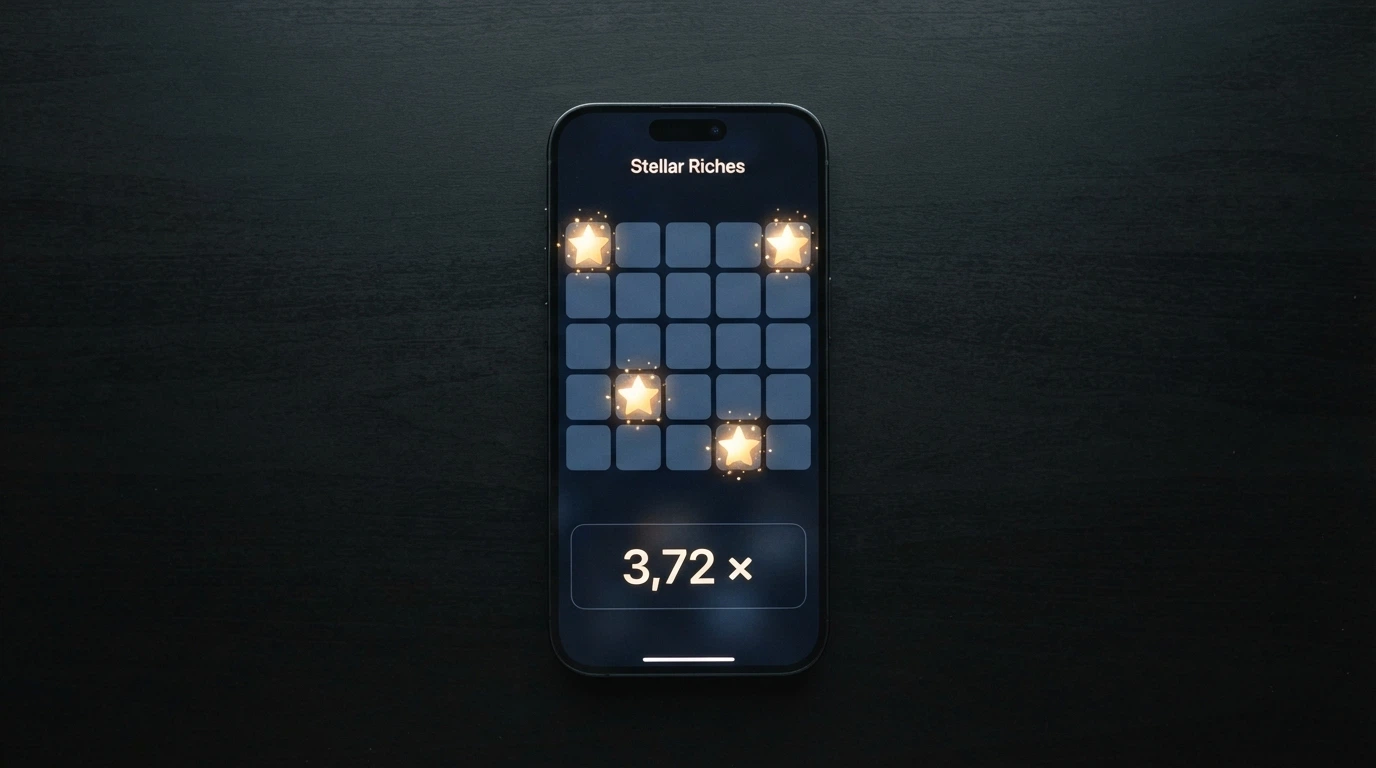 Une grille 5×5 du jeu de Mines avec quatre étoiles découvertes et le reste des cases masquées, illustrant la montée du multiplicateur